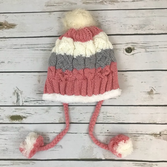 Pink & Grey Beanie w/ Pom Poms Lined w/ Fleece - Picture 3 of 6